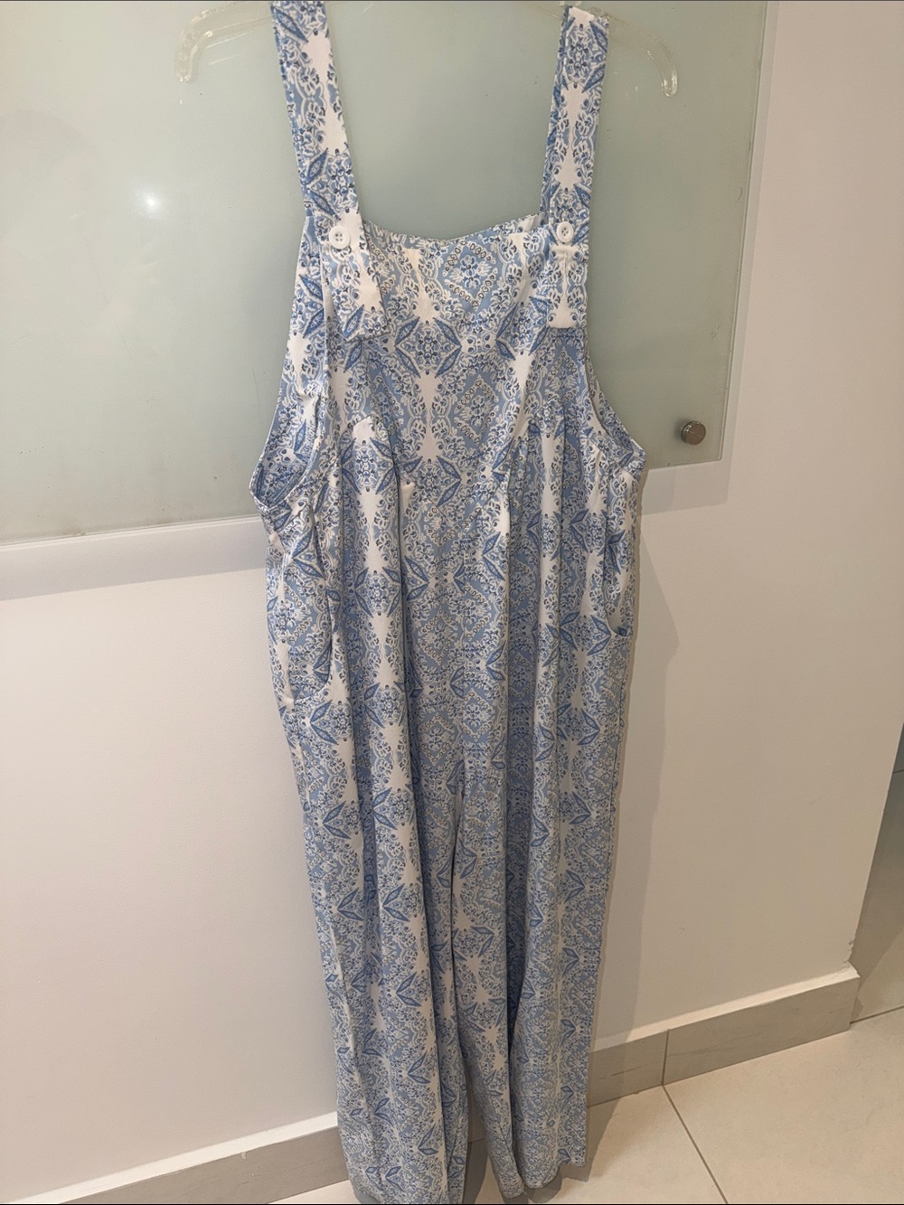 SHEIN White and Light Blue Printed Jumpsuit Romper
